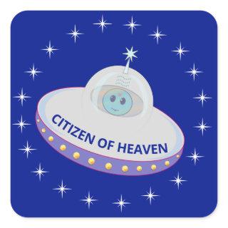 Flying saucer, alien and stars on royal blue square sticker