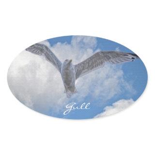 Flying Sea Gull & Clouds Oval Sticker