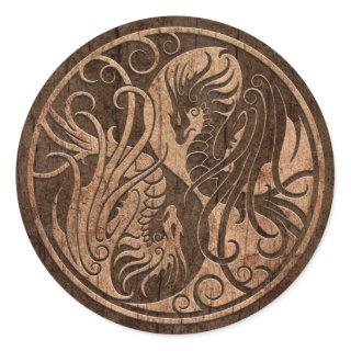 Flying Yin Yang Dragons with Wood Grain Effect Classic Round Sticker