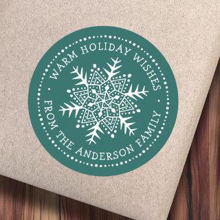 Folk art snowflake warm winter wishes pine green classic round sticker