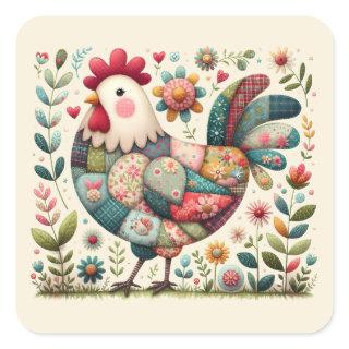 Folk Patchwork Rooster with Floral Accents Square Sticker
