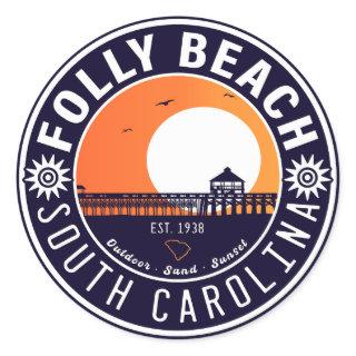 Folly Beach SC Souvenirs Retro Sunset Pier 60s Classic Round Sticker