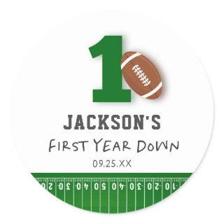 Football Theme First Year Down Birthday Favor Classic Round Sticker