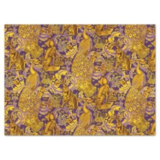 FOREST ANIMALS,FOX,PEACOCK,HARE GOLD PURPLE Floral Tissue Paper