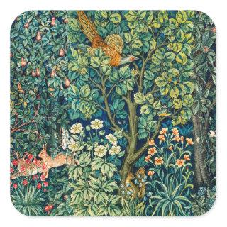 FOREST ANIMALS Hares,Pheasant Bird, Green Floral Square Sticker