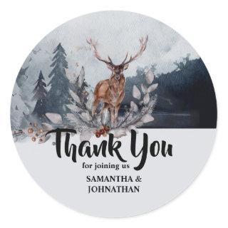 Forest stag watercolor mountain thank you wedding classic round sticker