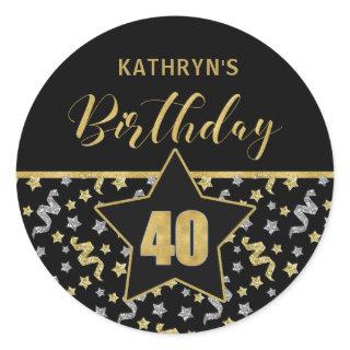 Fortieth Birthday Black and Gold Confetti Classic Round Sticker