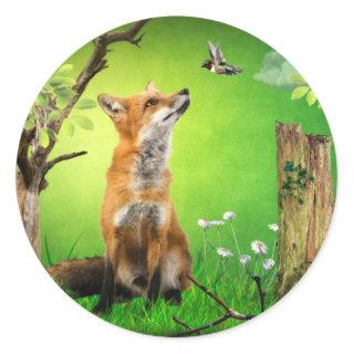 fox and the humming bird classic round sticker