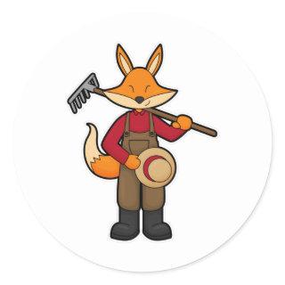 Fox as Farmer with Rake & Hat Classic Round Sticker