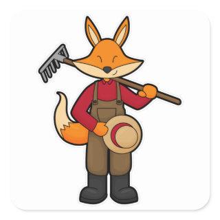 Fox as Farmer with Rake & Hat Square Sticker