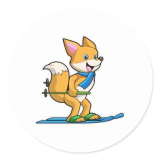 Fox as Skier with Ski & Ski poles Classic Round Sticker