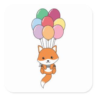 Fox Flies Up With Colorful Balloons Square Sticker