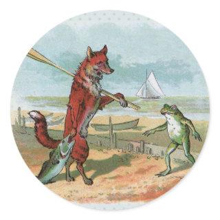 Fox Frog Fishing Antique Illustration Classic Round Sticker