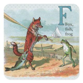 Fox Frog Fishing Antique Illustration Square Sticker