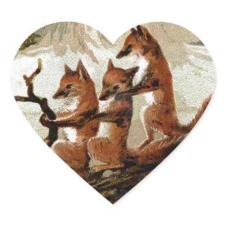 Fox Sleigh Ride Vintage Print Heart Sticker