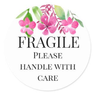 Fragile please handle with care yellow pink floral classic round sticker