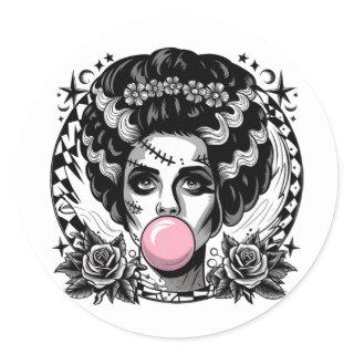 Frankenstein Monster And Bride Bubble Gum Funny Ha Classic Round Sticker