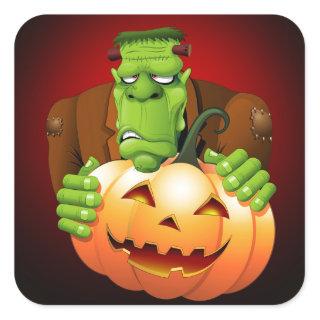 Frankenstein Monster Cartoon with Pumpkin Square Sticker