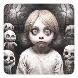 Freaky Child with Big Eyes Halloween Square Sticker