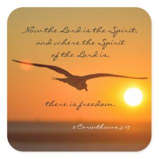 Freedom Bible Verse, Bird Flying at Sunset Square Sticker