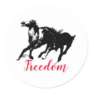 Freedom Black White Pop Art Running Horses Classic Round Sticker
