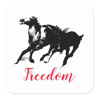 Freedom Black White Pop Art Running Horses Square Sticker