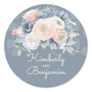 French Blue and Quartz Rose Floral Wedding Classic Round Sticker