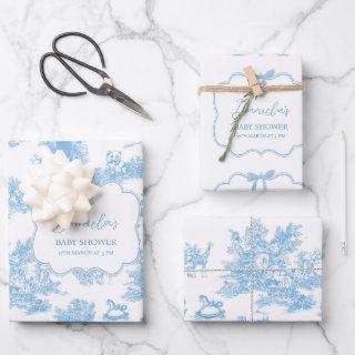 French Blue White Toile de Jouy Bear Baby Shower  Sheets