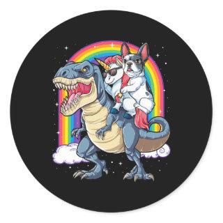 French Bulldog Unicorn Riding Dinosaur T rex Gift Classic Round Sticker