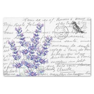 French Script Vintage Lavender Bird Postcard       Tissue Paper