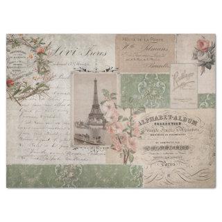 French Vintage Script Ephemera Eiffel Tower Floral Tissue Paper