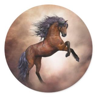 Friesian brown horse rearing up with misty clouds classic round sticker