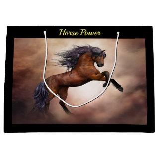Friesian brown horse rearing up with misty clouds large gift bag