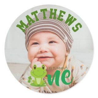Frog 1st Birthday party Photo is turning one Class Classic Round Sticker