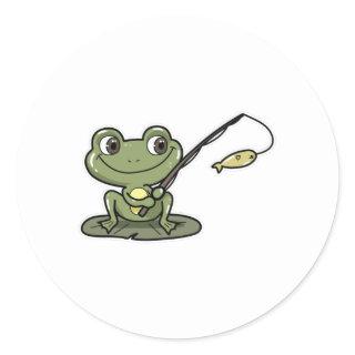 Frog at Fishing with Fishing rod Classic Round Sticker