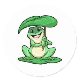 Frog on Leaf with Umbrella Classic Round Sticker