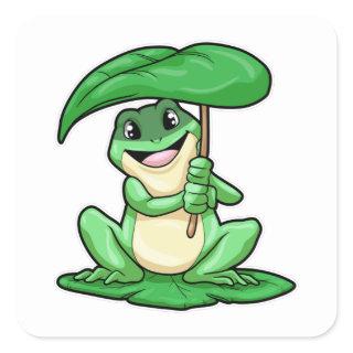Frog on Leaf with Umbrella Square Sticker