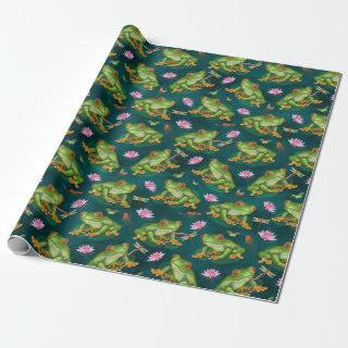 Frog Tropical Lily Pad Dragonfly Fish Pond Pattern