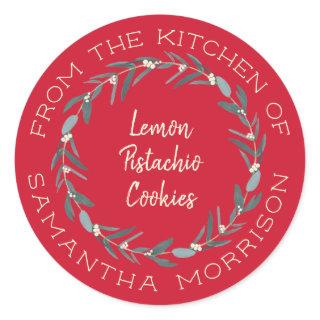From The Kitchen Of | Eucalyptus Wreath on Red Classic Round Sticker