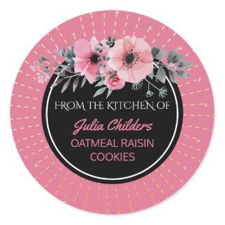 From the Kitchen of Name Baking Pink Floral Classic Round Sticker