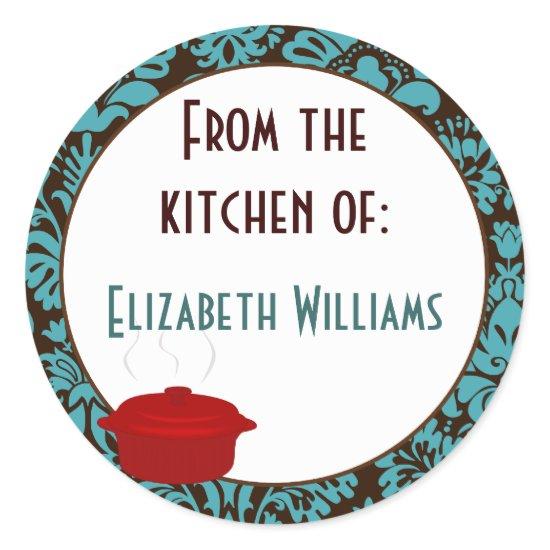 From The Kitchen of Teal Brown Damask Classic Round Sticker