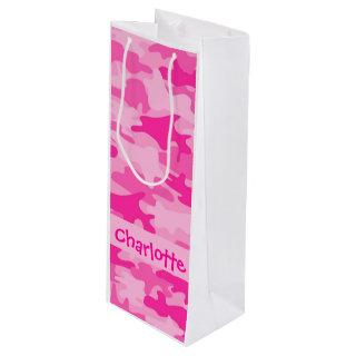 Fuchsia Pink Camouflage Name Personalized Wine Gift Bag