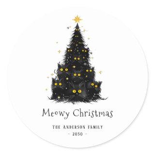 Fun Black Cat Meowy Christmas Tree Classic Round Sticker