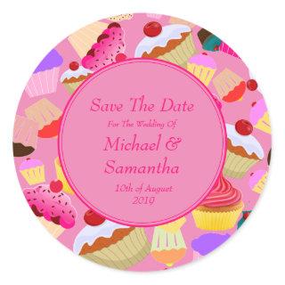 Fun, Bright Pink Cupcake  - Wedding Save The Date Classic Round Sticker