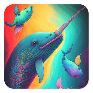 Fun Colorful Narwhal Fantasy Sea Creatures Rainbow Square Sticker