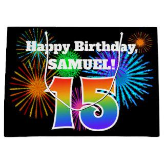 Fun Fireworks + Rainbow Pattern "15" Birthday # Large Gift Bag