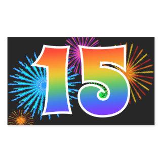 Fun Fireworks + Rainbow Pattern "15" Event Number Rectangular Sticker
