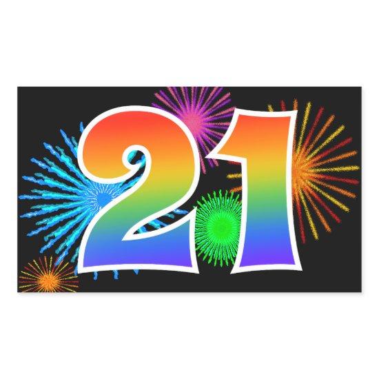Fun Fireworks + Rainbow Pattern "21" Event Number Rectangular Sticker