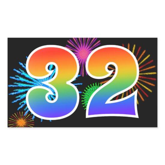 Fun Fireworks + Rainbow Pattern "32" Event Number Rectangular Sticker
