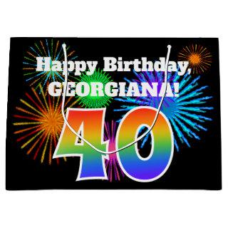 Fun Fireworks + Rainbow Pattern "40" Birthday # Large Gift Bag